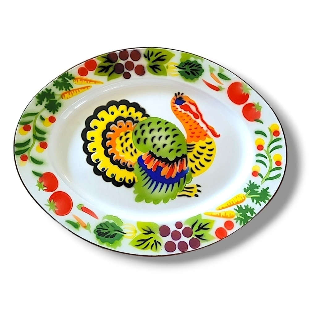 1960s Enameled Metal Turkey Platter
